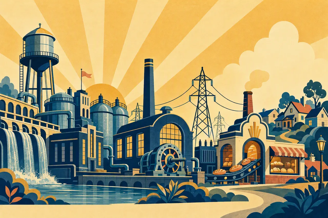 Poster illustration joining a waterworks, electric grid, and bakery into one neighborhood